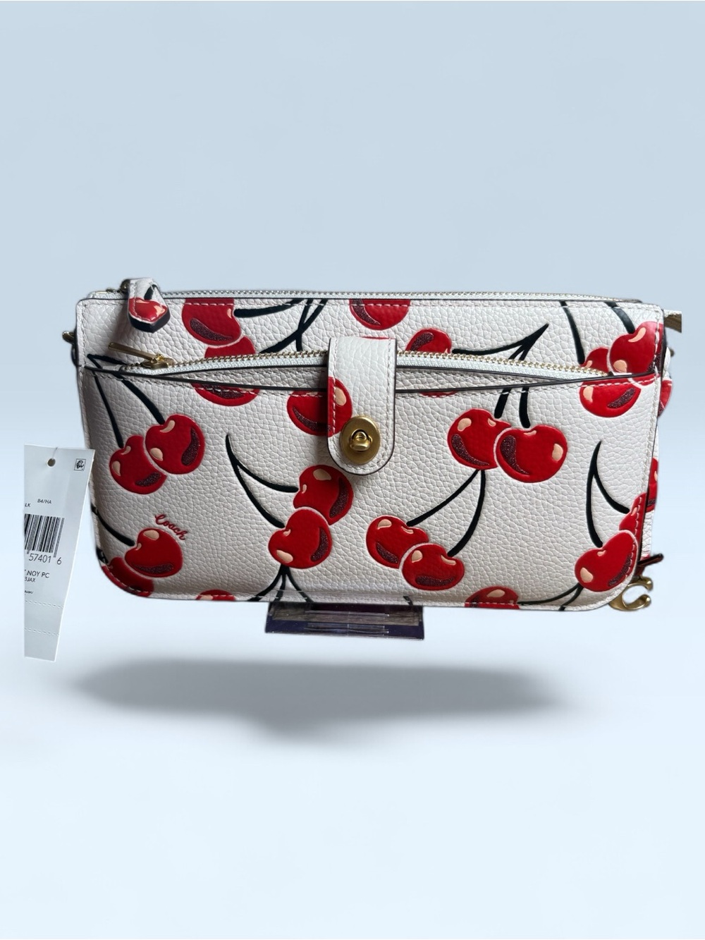 Coach White Cherry Print Wristlet with Red Accents